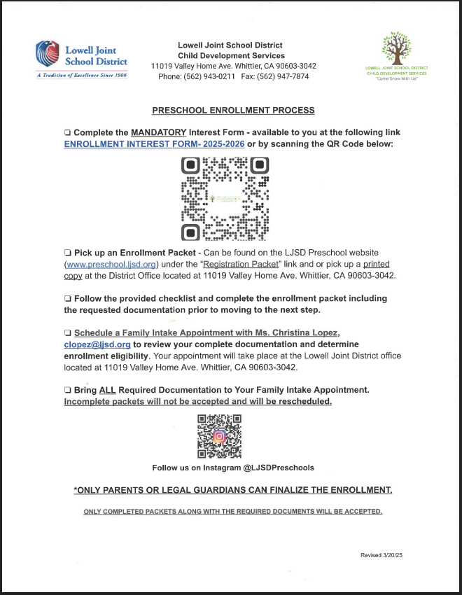 Preschool Enrollment Forms List